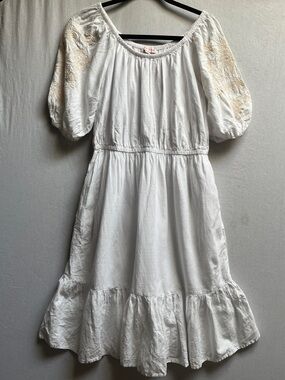 Knox Rose White Embroidered Puff Sleeve Midi Dress with Pockets Size S